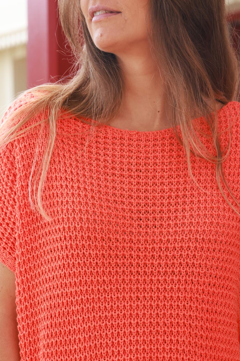 Orange Crochet Knit Cap-Sleeve Top