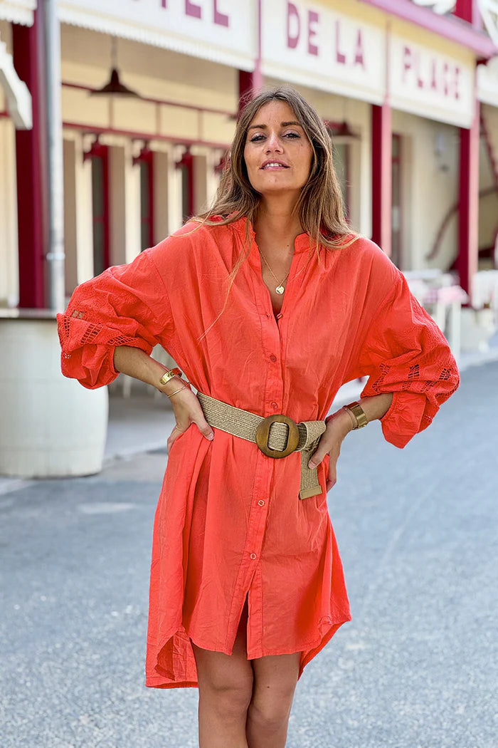 Orange Crochet Sleeve Button-Down Tunic Dress
