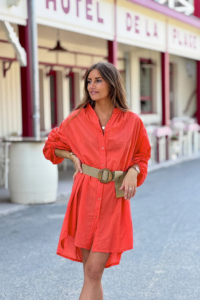 Orange Crochet Sleeve Button-Down Tunic Dress