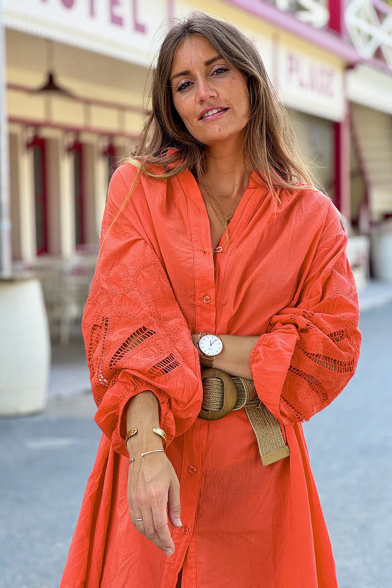 Orange Crochet Sleeve Button-Down Tunic Dress