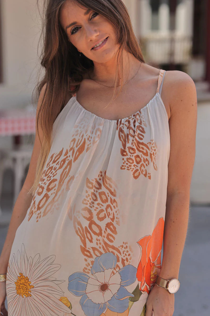 Orange Floral Leopard Silk Chiffon Maxi Dress