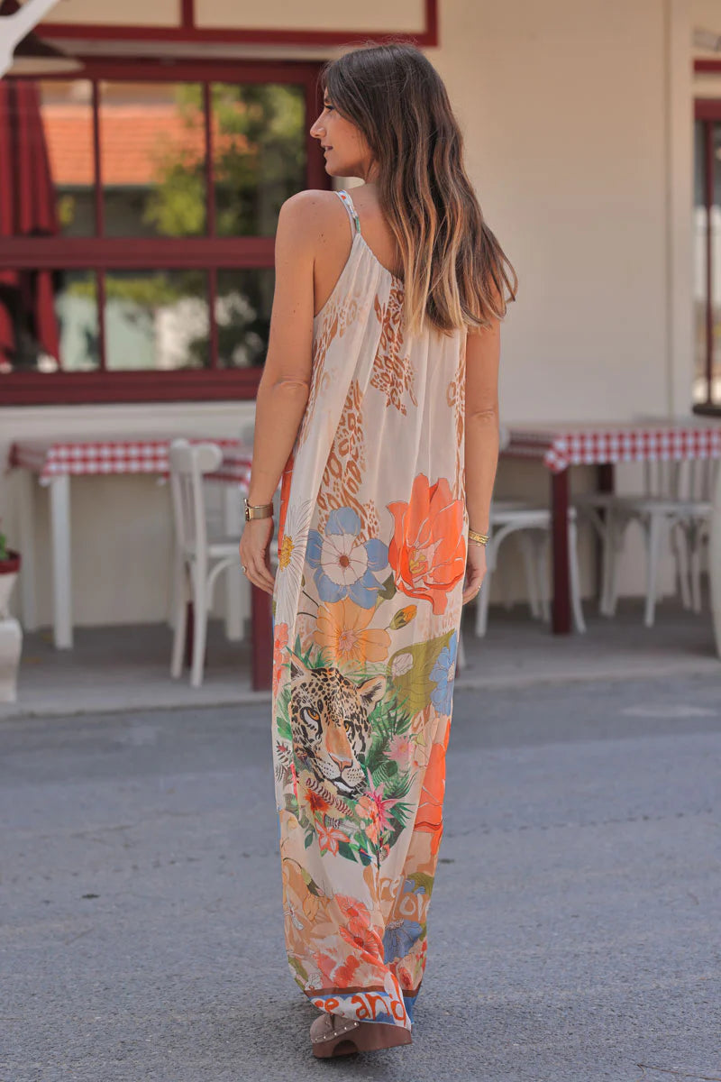 Orange Floral Leopard Silk Chiffon Maxi Dress