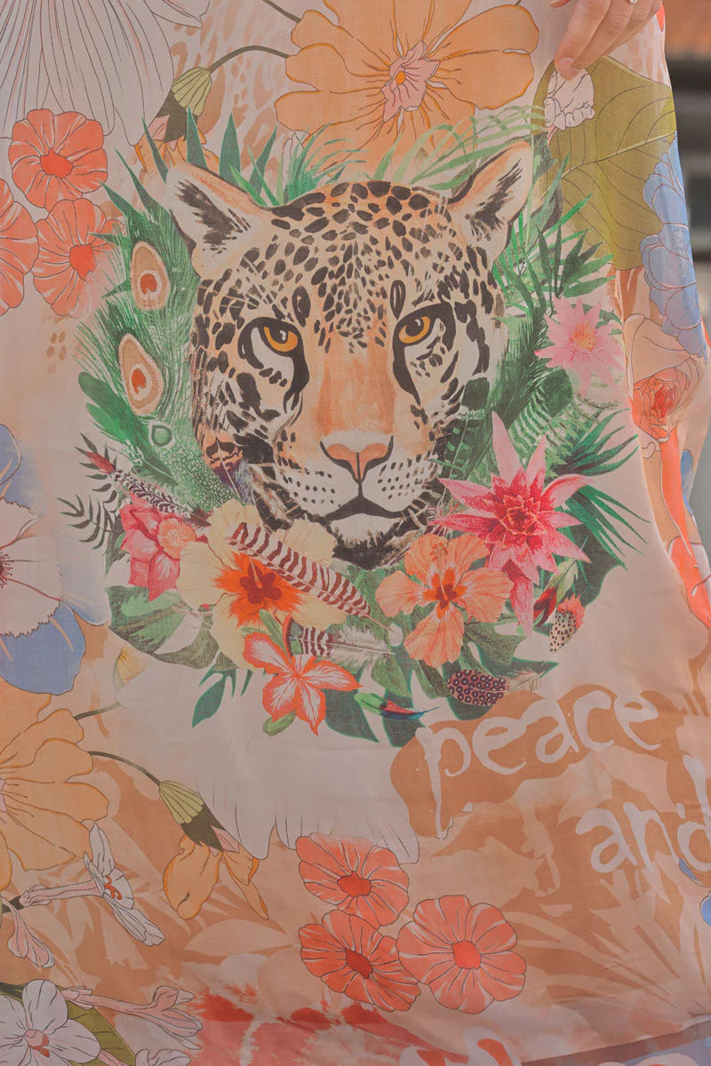 Orange Floral Leopard Silk Chiffon Maxi Dress