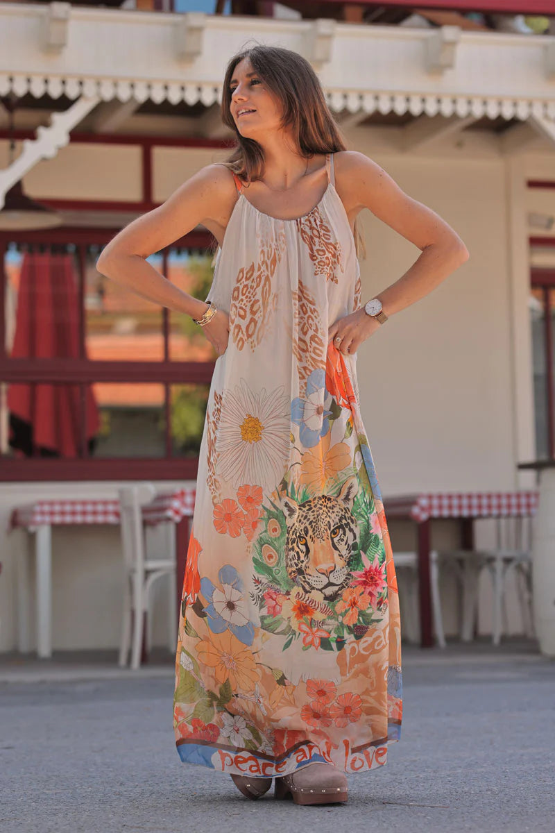 Orange Floral Leopard Silk Chiffon Maxi Dress