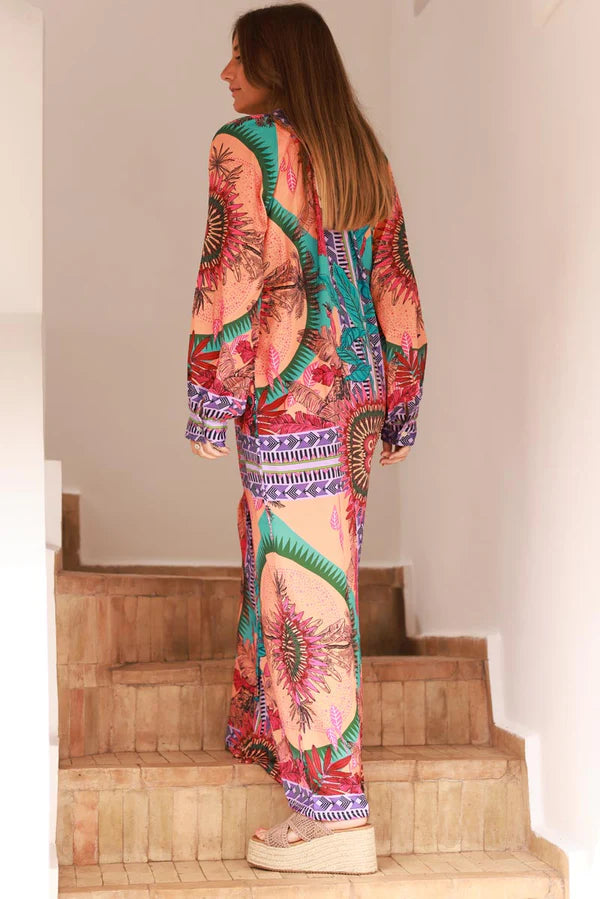 Orange Jungle Leaf Tribal Button-Down Maxi Dress
