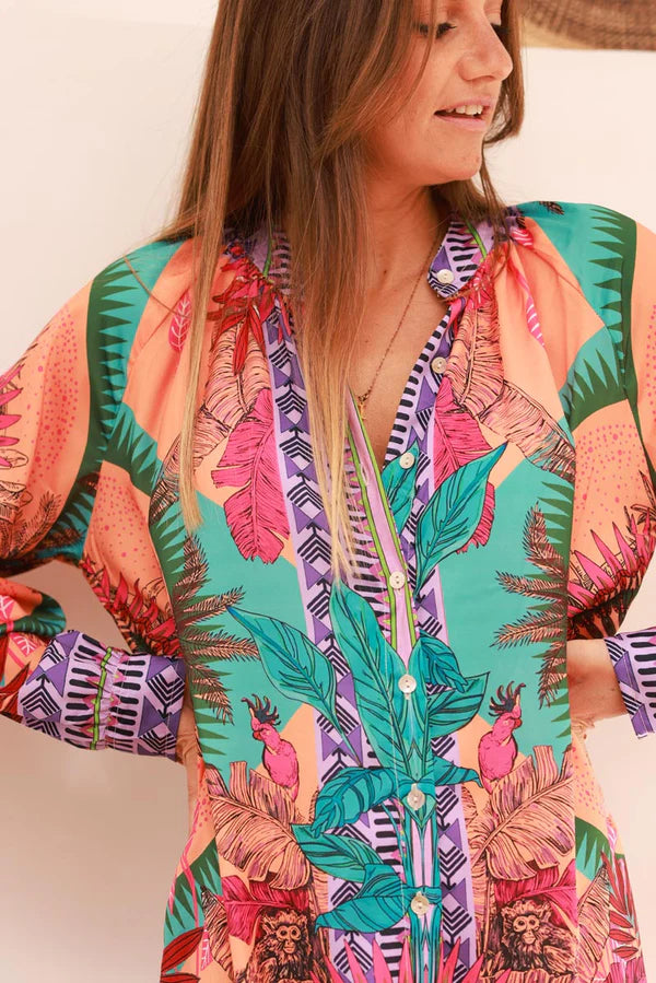 Orange Jungle Leaf Tribal Button-Down Maxi Dress