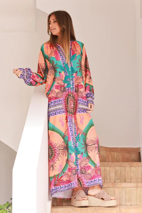 Orange Jungle Leaf Tribal Button-Down Maxi Dress