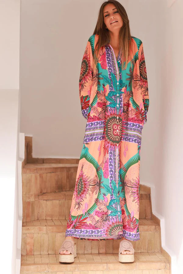 Orange Jungle Leaf Tribal Button-Down Maxi Dress