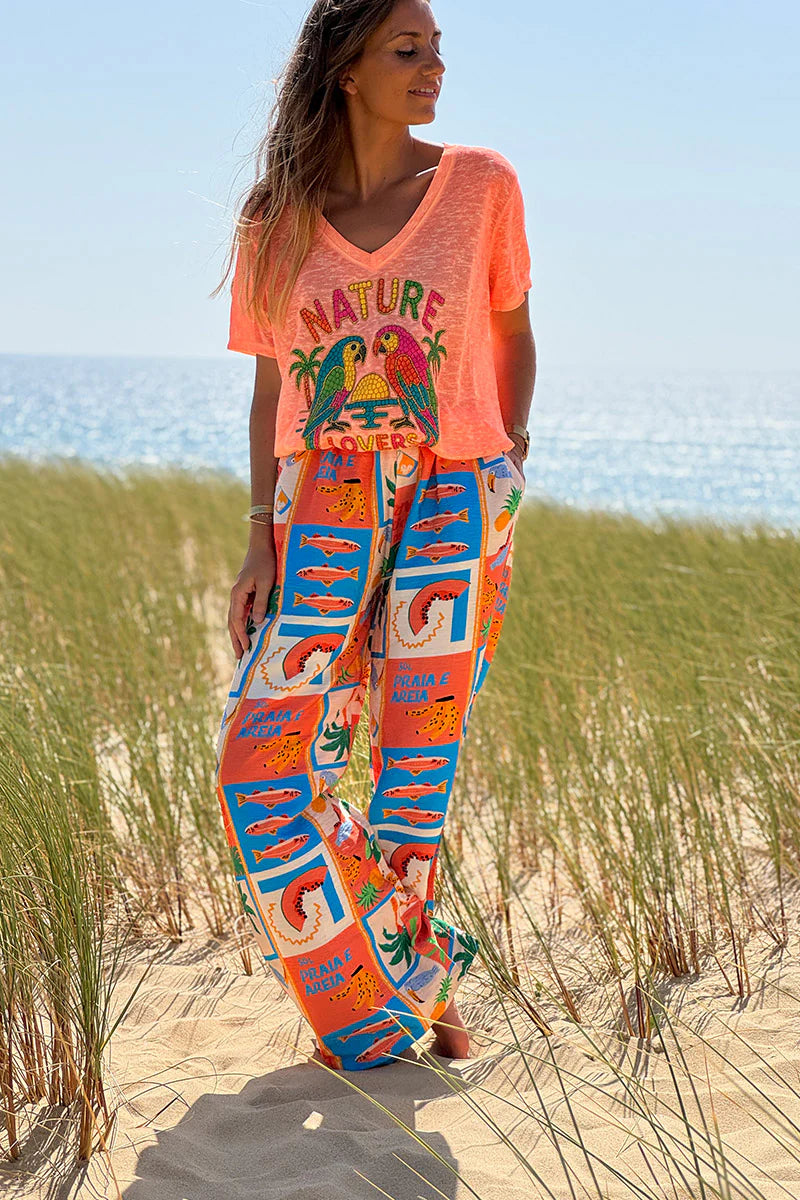 Orange Nature Lovers Parrot Print Slub Knit Tee