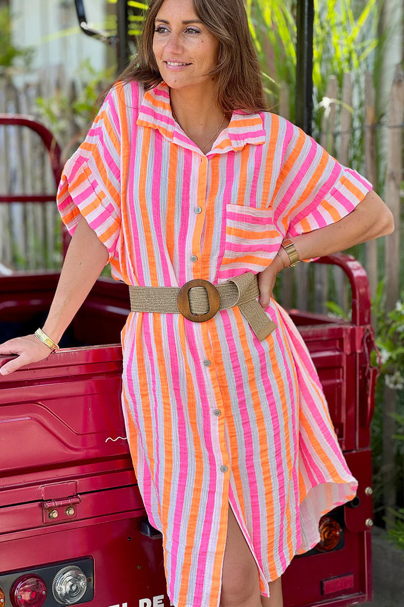 Orange Neon Stripe Button-Down Cabana Dress