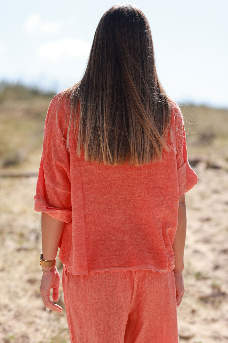 Orange Soft Cotton Blouse with 3/4 sleeves and large Pockets
