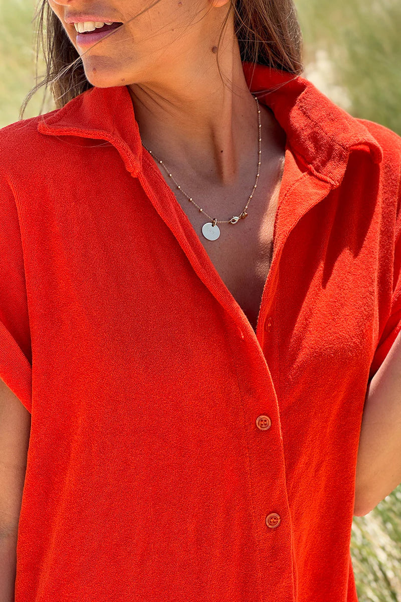 Orange Terry Cloth Button-Down Shirt Dress