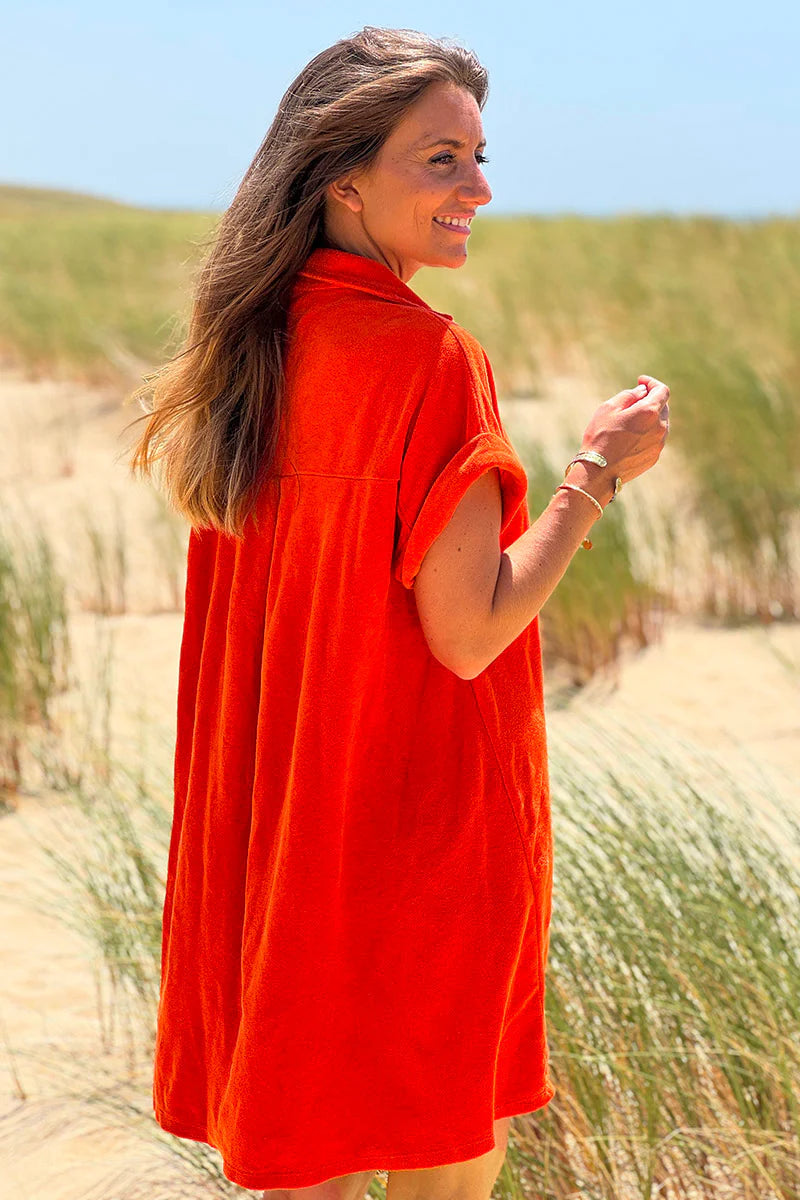 Orange Terry Cloth Button-Down Shirt Dress