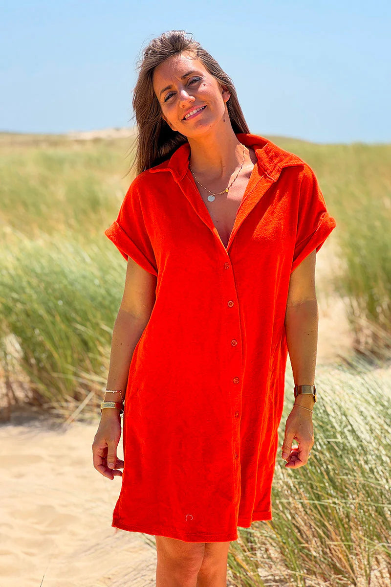 Orange Terry Cloth Button-Down Shirt Dress