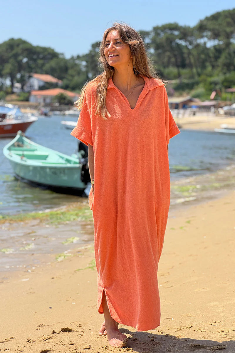 Orange Terry Cloth Collared Caftan