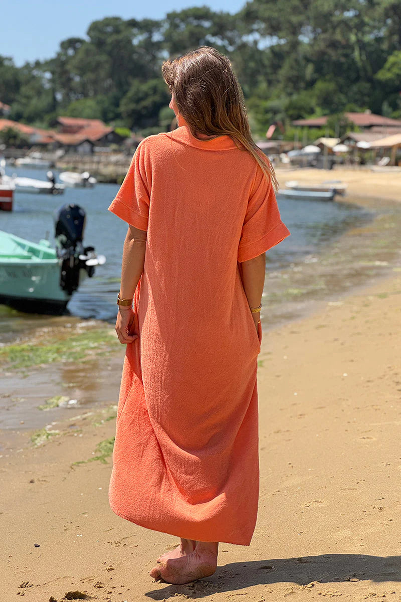 Orange Terry Cloth Collared Caftan