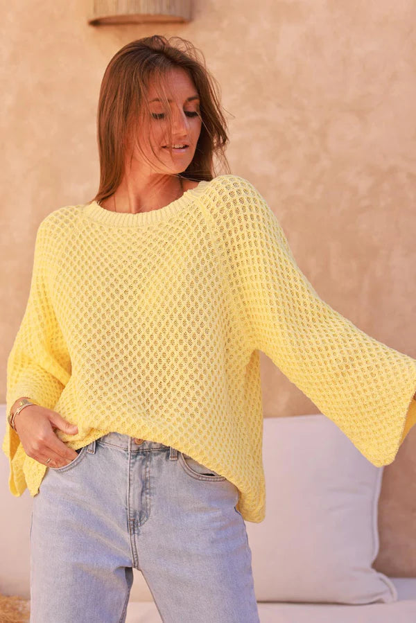 Pastel Yellow Cotton Textured Waffle Knit Top