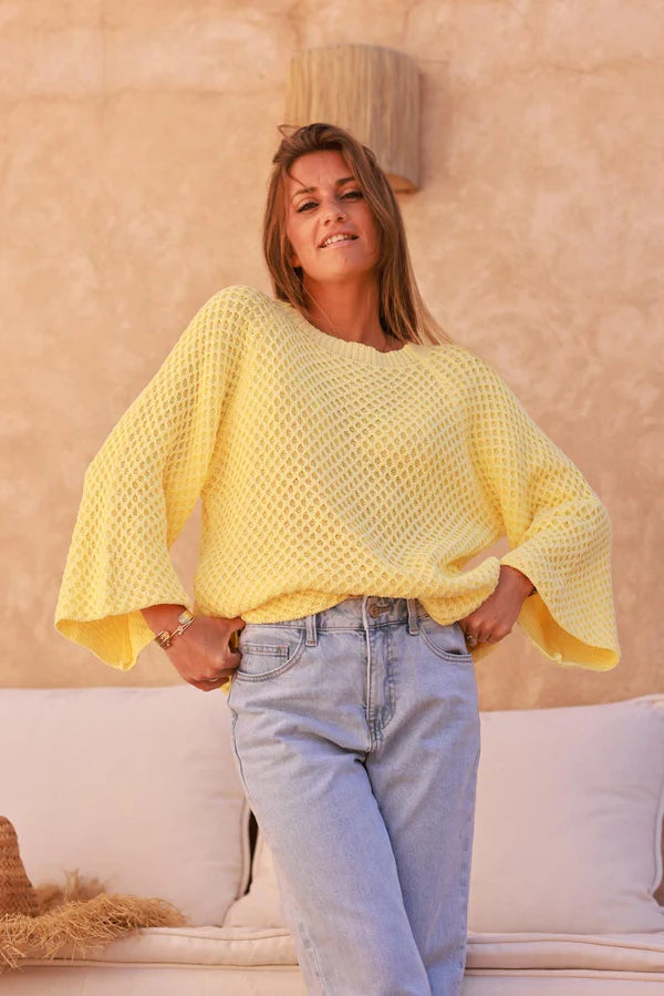 Pastel Yellow Cotton Textured Waffle Knit Top