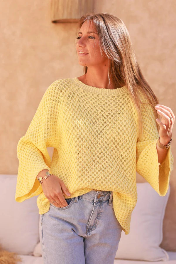 Pastel Yellow Cotton Textured Waffle Knit Top