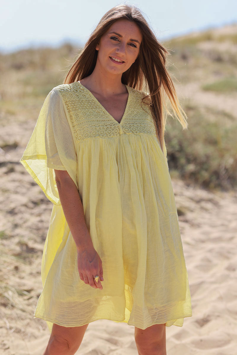 Butter Yellow Floaty Cotton Dress with Lace Top