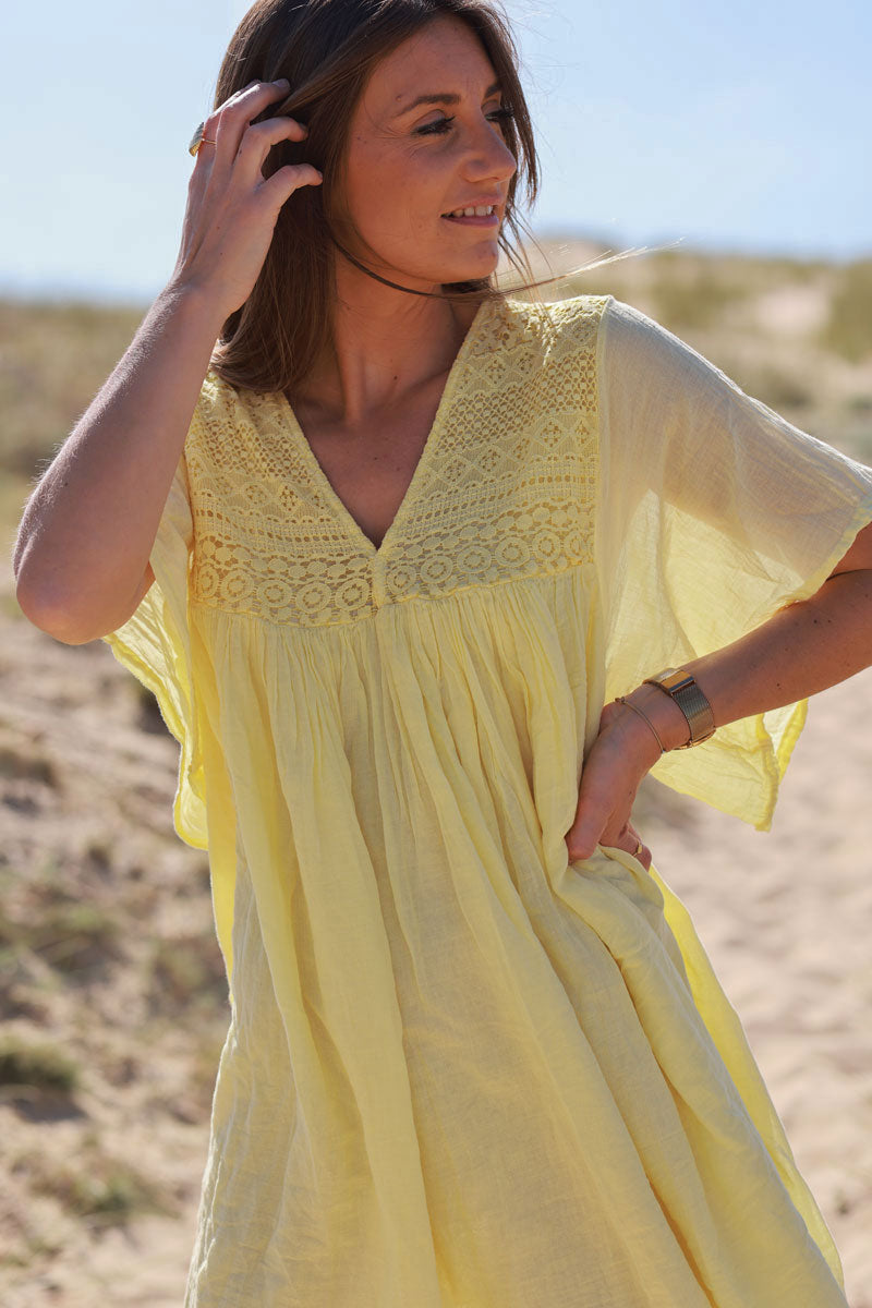 Butter Yellow Floaty Cotton Dress with Lace Top