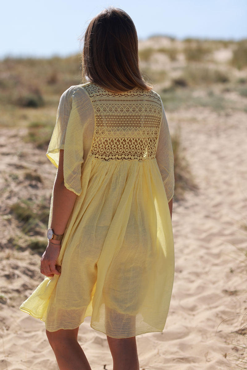 Butter Yellow Floaty Cotton Dress with Lace Top