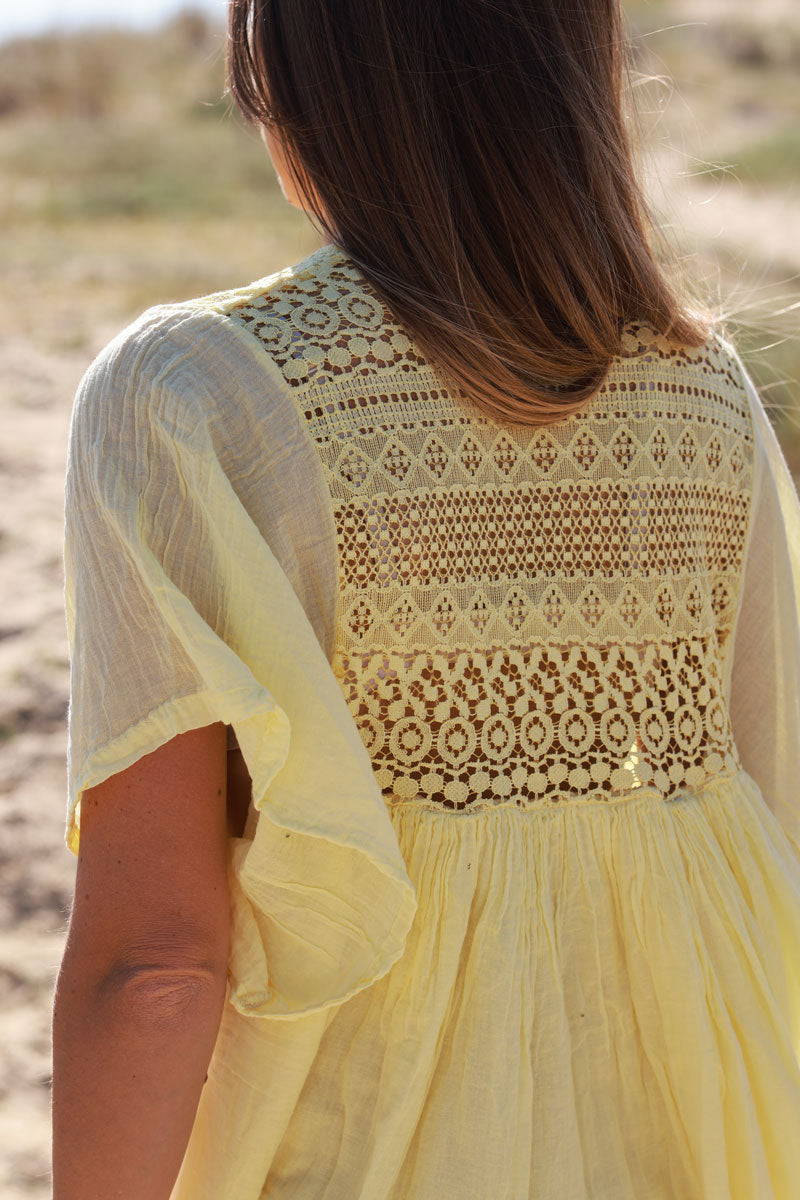 Butter Yellow Floaty Cotton Dress with Lace Top