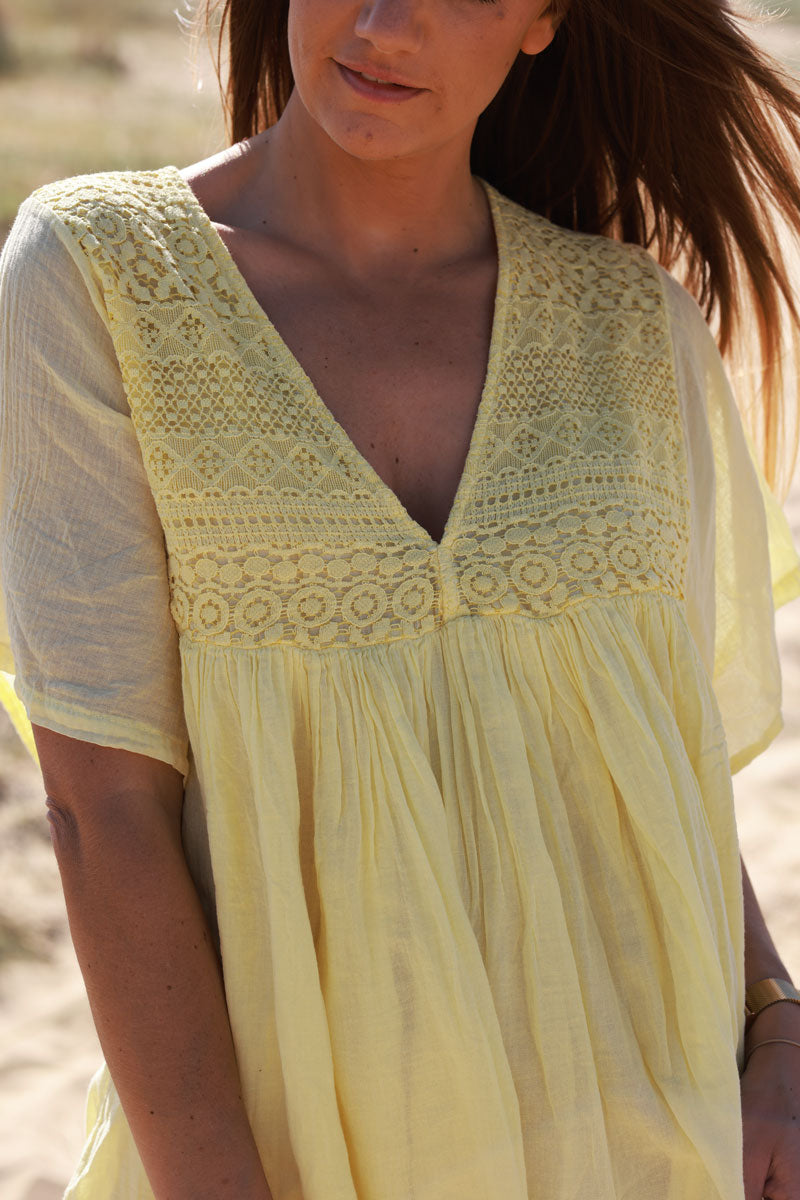 Butter Yellow Floaty Cotton Dress with Lace Top