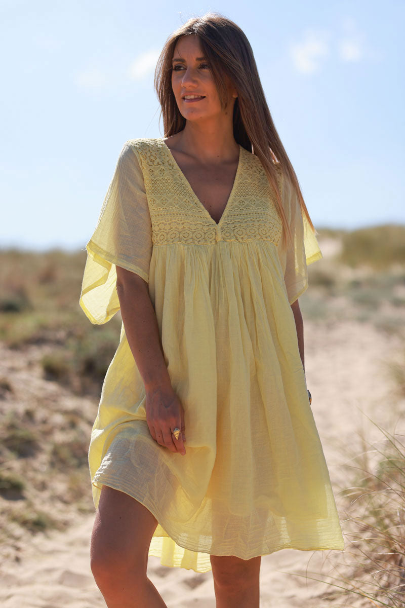 Butter Yellow Floaty Cotton Dress with Lace Top