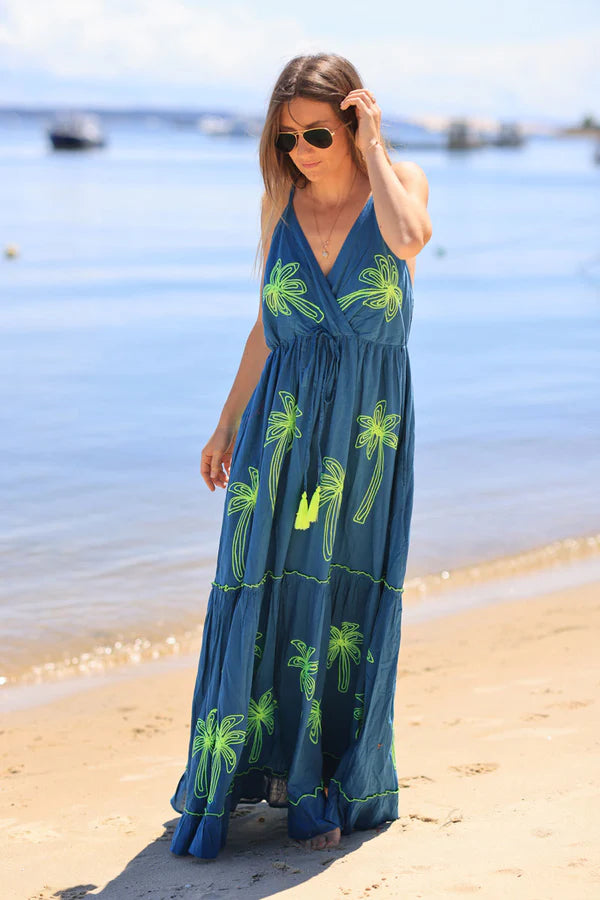 Petrol color strappy maxi dress with yellow palm embroidery