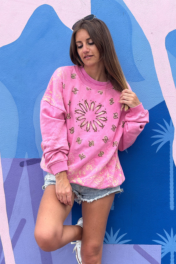 Pink Beaded Sun Scoop Neck Sweater