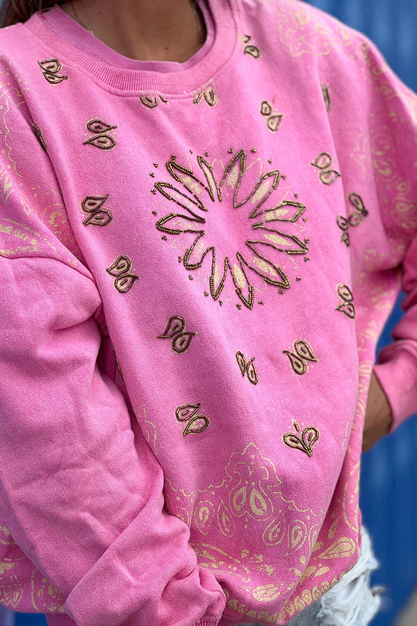 Pink Beaded Sun Scoop Neck Sweater