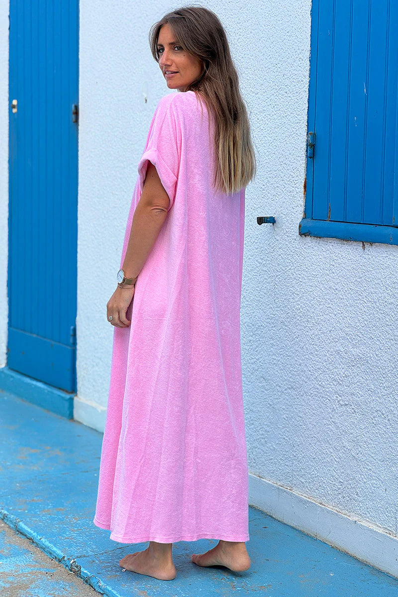 Pink Brushed Terry V-Neck Maxi Dress