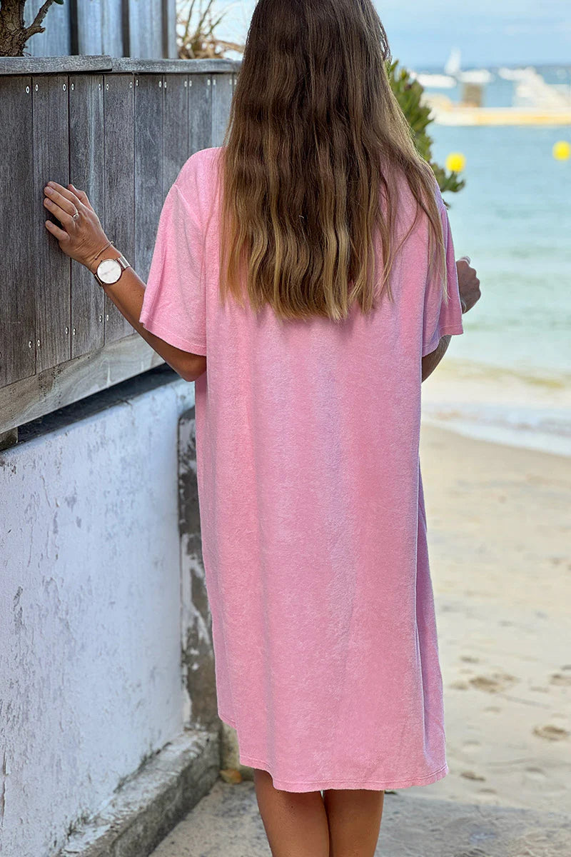 Pink Brushed Velour V-Neck Lounge Dress