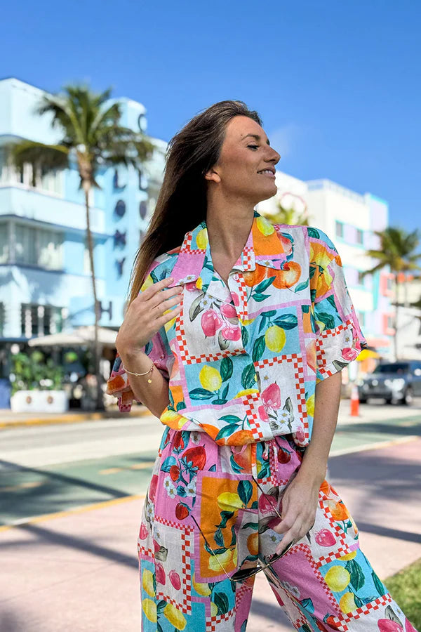 Multicolor Fruit Print Cap Sleeve Button-Down Shirt
