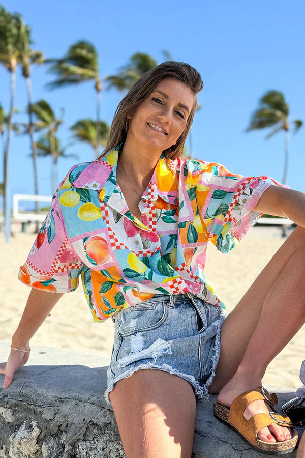 Multicolor Fruit Print Cap Sleeve Button-Down Shirt