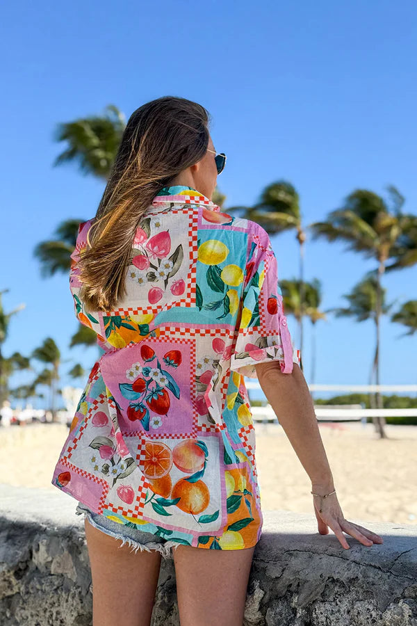 Multicolor Fruit Print Cap Sleeve Button-Down Shirt