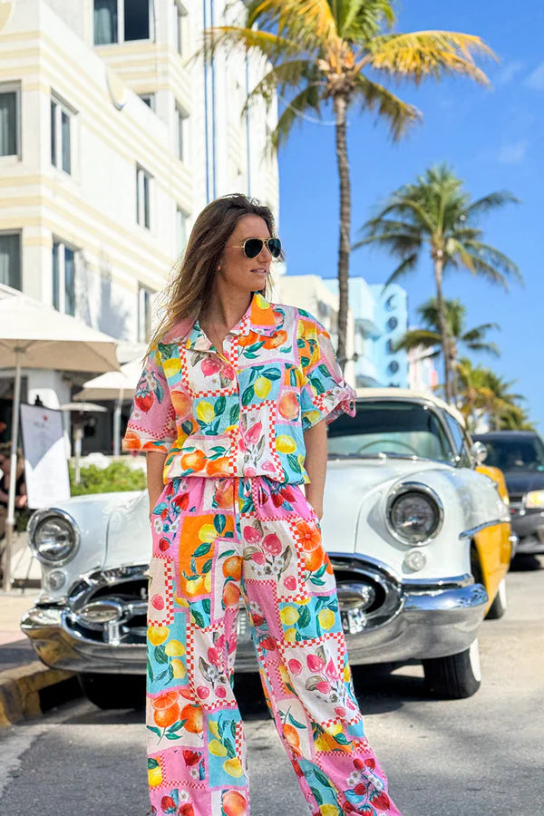 Multicolor Fruit Print Cap Sleeve Button-Down Shirt