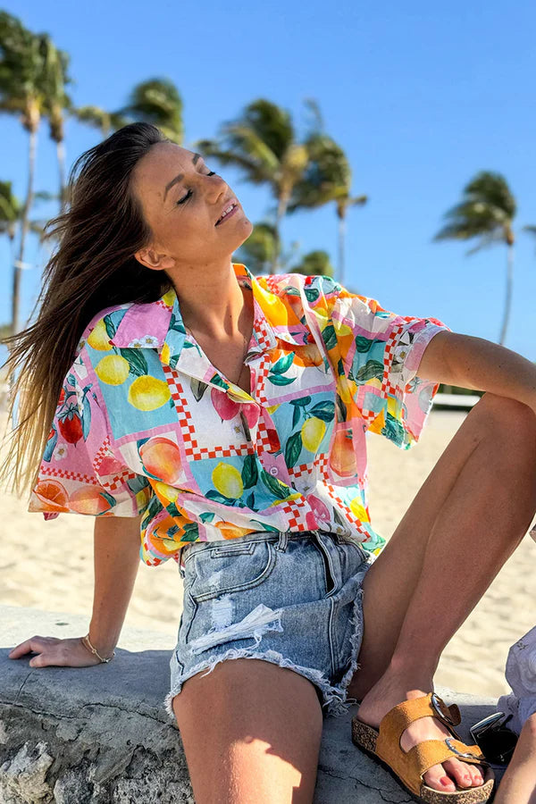 Multicolor Fruit Print Cap Sleeve Button-Down Shirt