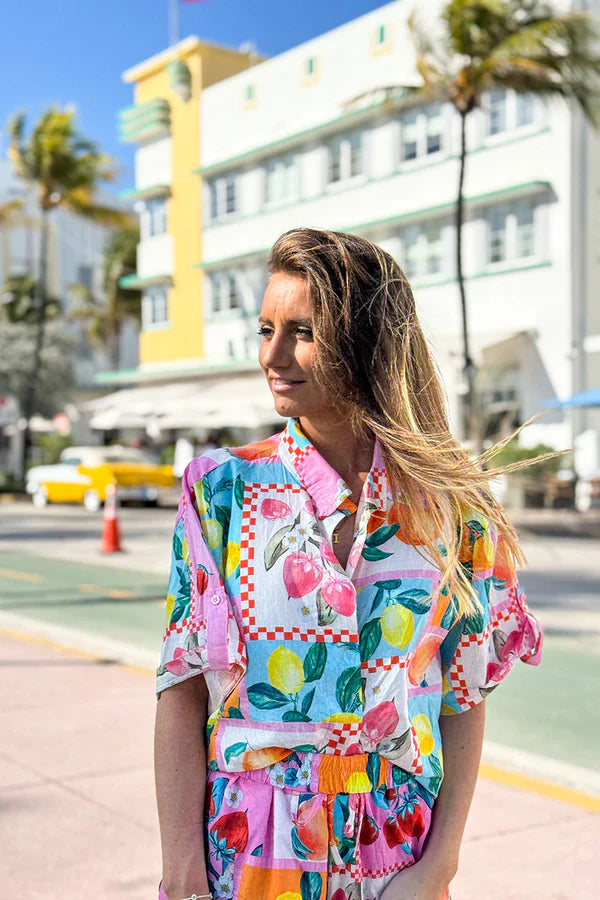 Multicolor Fruit Print Cap Sleeve Button-Down Shirt