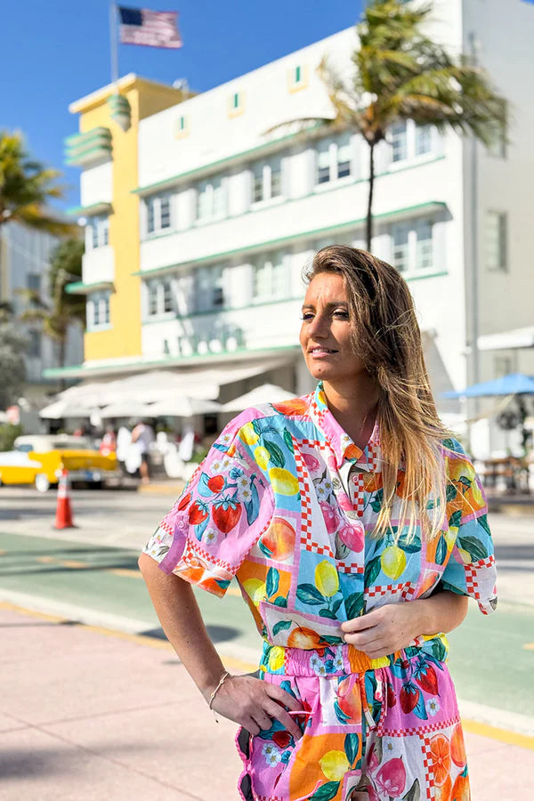Multicolor Fruit Print Cap Sleeve Button-Down Shirt