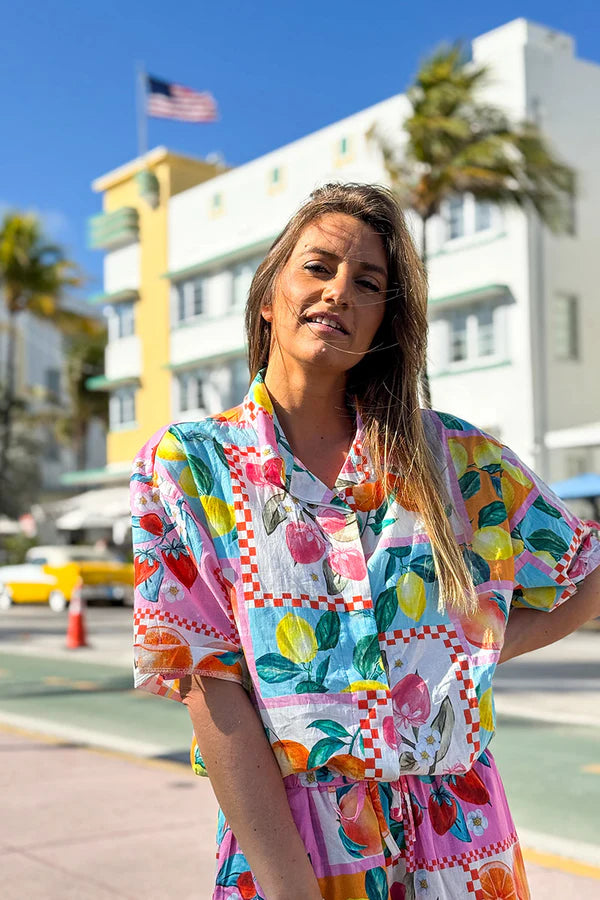 Multicolor Fruit Print Cap Sleeve Button-Down Shirt