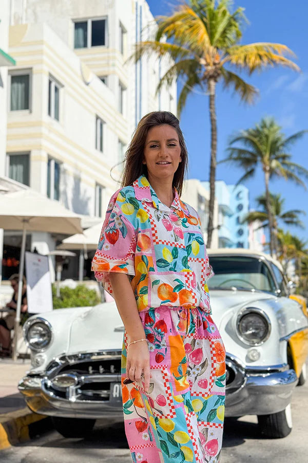 Multicolor Fruit Print Cap Sleeve Button-Down Shirt