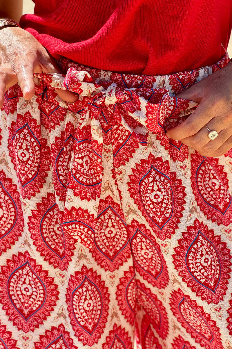 Pink fuchsia Batik Medallions Belted Pull-On Pants