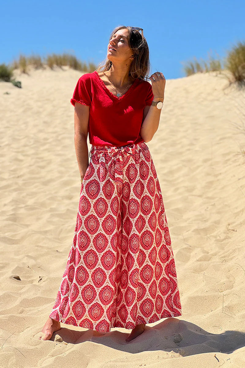 Pink fuchsia Batik Medallions Belted Pull-On Pants