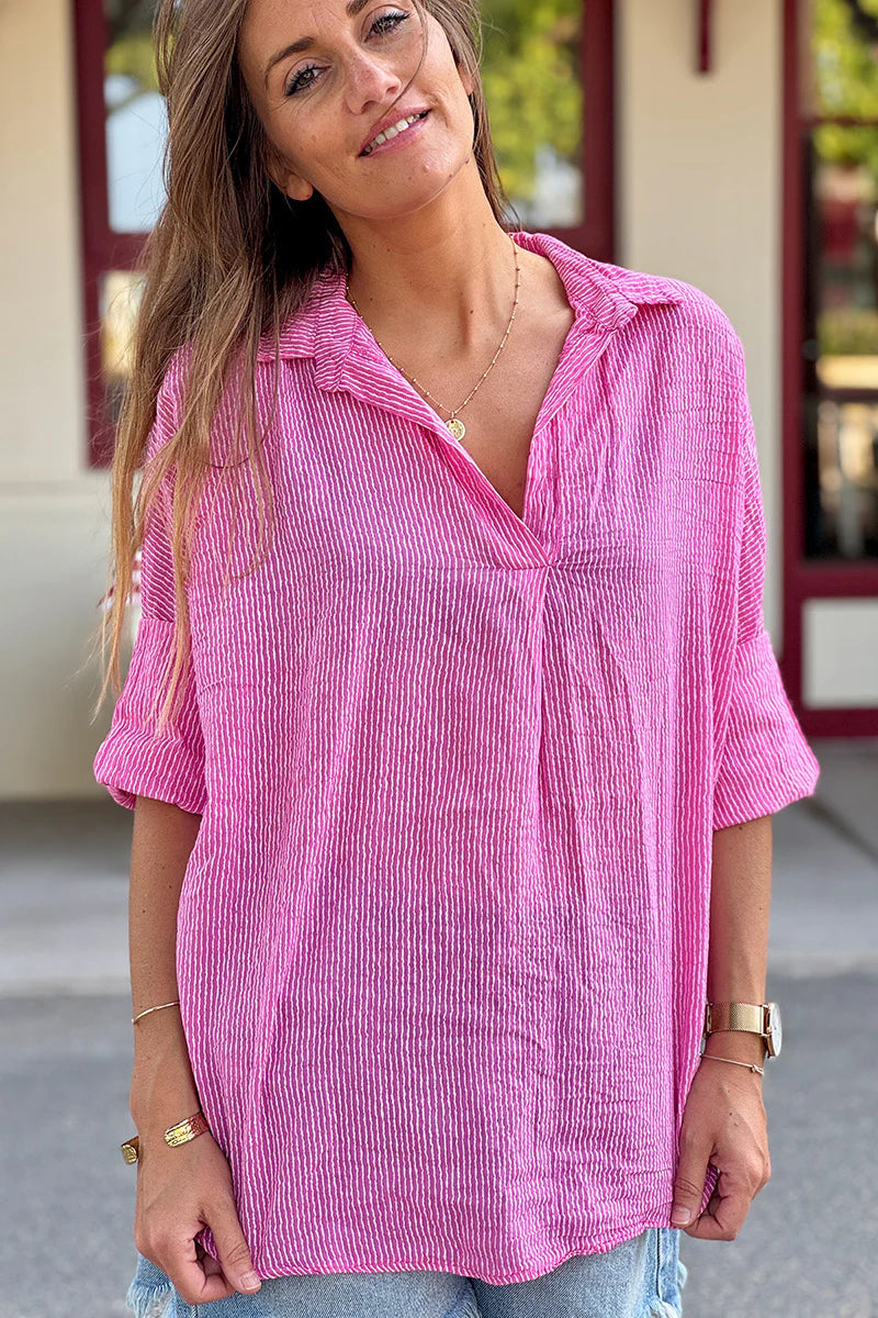 Pink Fuchsia Mottled Pinstripe Gauze Blouse