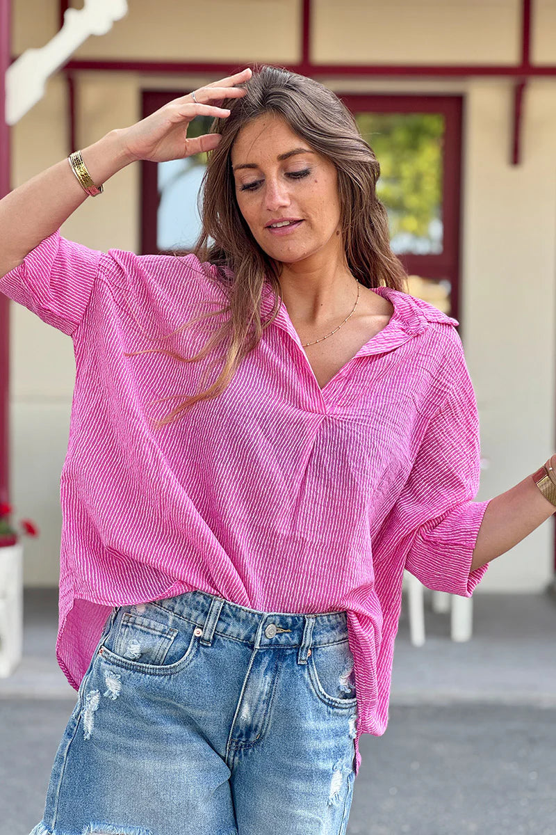 Pink Fuchsia Mottled Pinstripe Gauze Blouse