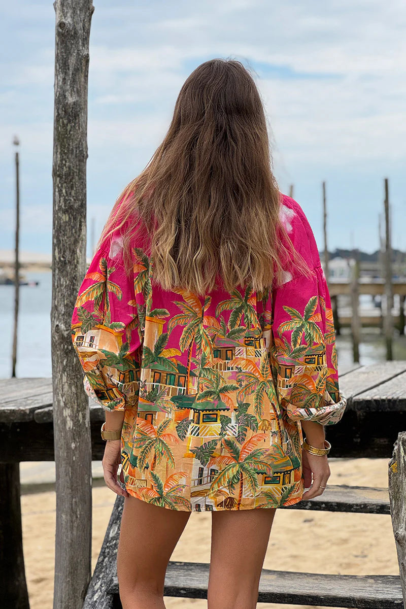 Pink Tropical Getaway Button-Down Blouse