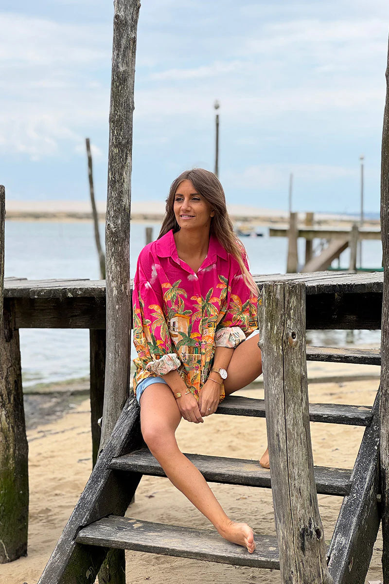 Pink Tropical Getaway Button-Down Blouse