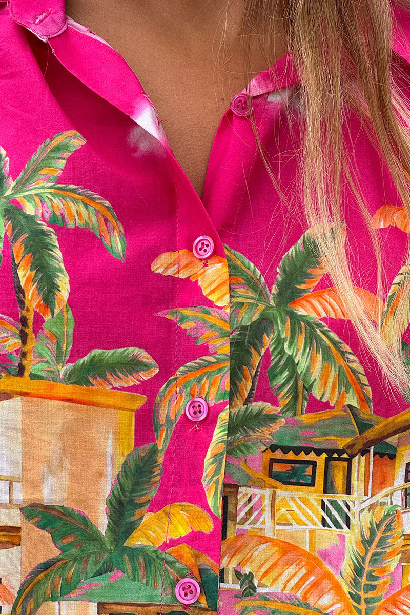 Pink Tropical Getaway Button-Down Blouse
